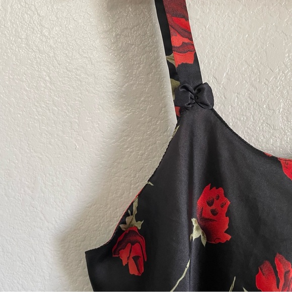 Vintage Satin Black & Red Stemmed Roses Floral Print Silky Slip Dress Just Love - Picture 3 of 9